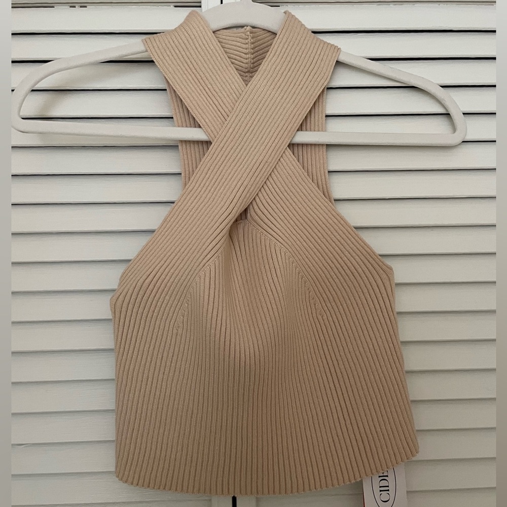Beige Rib Cross Halter Top - size Medium